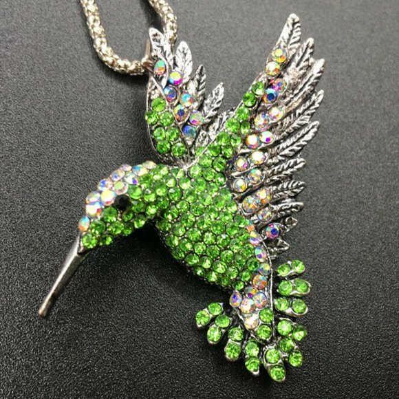 Green HUMMINGBIRD Rhinestone Necklace Pndt Brooch - Picture 3 of 7